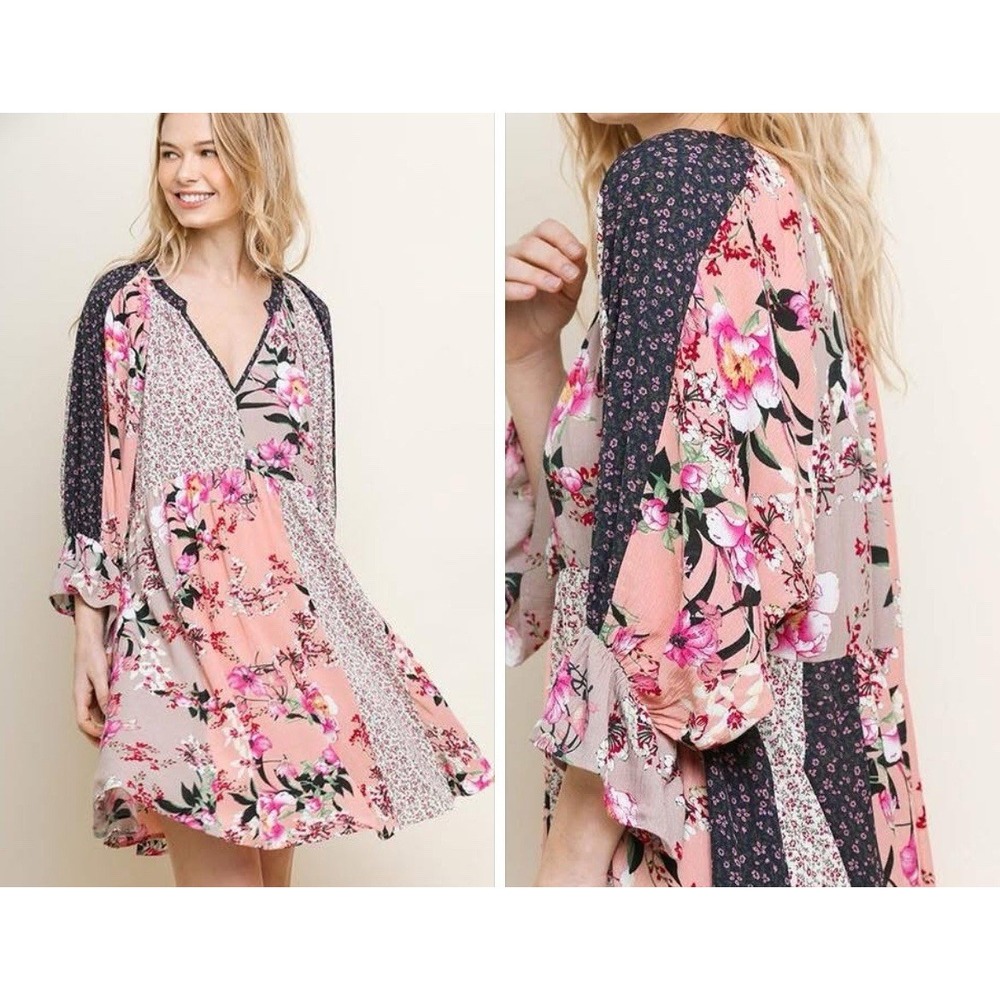 Umgee ruffle pink floral boho mini dress patchwork V-neck puff sleeve Sz S‎